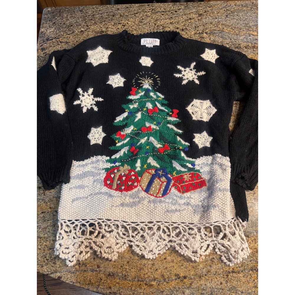 Vintage Petite Sophisticate Christmas Tree Sweater Crochet Lace Black Medium